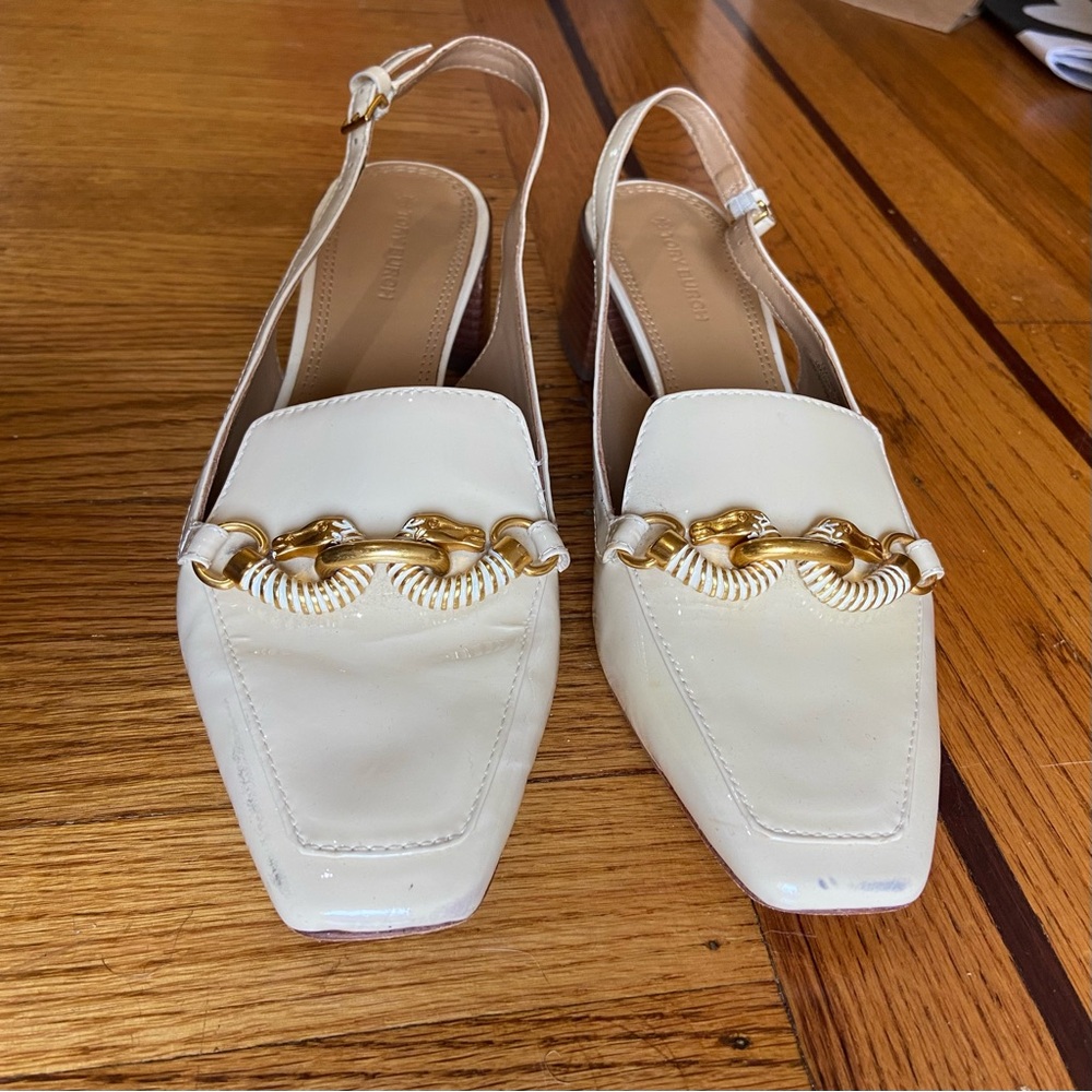 Tory Burch Cream Slingback Low Heels with Horse Head Accent